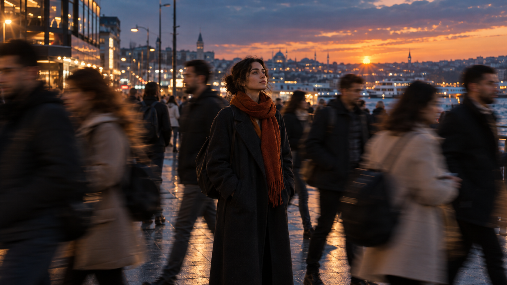 Kalabalığın hareketi içinde düşünceli biçimde duran bir insan